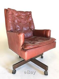 Vintage Leather Executive Office MidCentury Danish Modern Chair Wood Swivel Tilt
