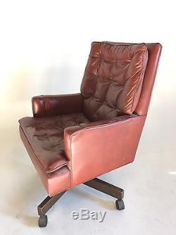 Vintage Leather Executive Office MidCentury Danish Modern Chair Wood Swivel Tilt