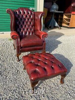 Vintage Leather Wingback Chair and Ottoman Chippendale Oxblood office library