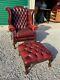 Vintage Leather Wingback Chair And Ottoman Chippendale Oxblood Office Library