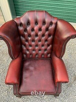 Vintage Leather Wingback Chair and Ottoman Chippendale Oxblood office library