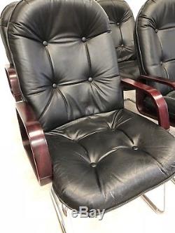 Vintage MID Century Leather Rosewood And Chrome Executive Dining Office Chairs 6