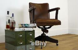 Vintage Oak and Leather Hillcrest Swivel Desk Office Chair 1930s