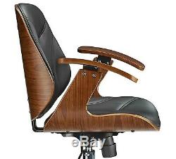 Vintage Office Chair Executive Swivel Leather Desk Computer PC Seat Wooden Arms