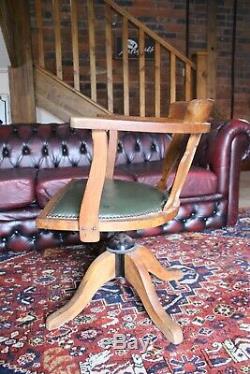 Vintage Office Revolving Swivel Chair. Oak With Green Leather Upholstery