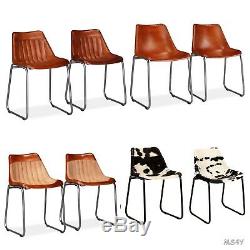 Vintage Real Leather Dining Chair Retro Comfy Kitchen Seat Steel Office 2 Pcs
