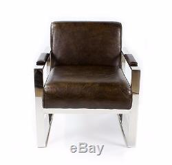 Vintage Real Leather Office Armchair Stainless Steel Design Lounge Chair 445