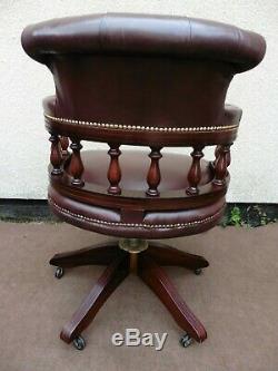 Vintage Red Leather Captains Swivel Office Chair, Chesterfield Armchair, Buttoned