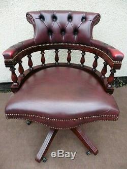 Vintage Red Leather Captains Swivel Office Chair, Chesterfield Armchair, Buttoned