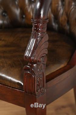 Vintage Regency Style Mahogany & Brown Leather Library Office Desk Arm Chair