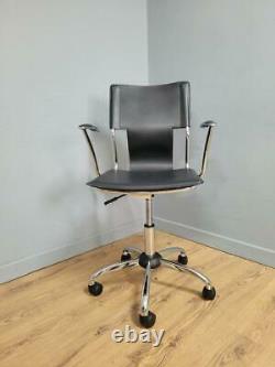 Vintage Retro Industrial Style Black Leather & Chrome Office Swivel Chair