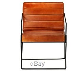Vintage Tan Leather Chair Industrial Club Armchair Room Office Seater Metal Legs
