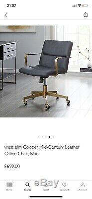 West Elm Cooper Mid Century Leather Office Chair £699 Blue