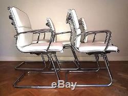 White leather visitor office dining chairs x 5 chrome cantilever base, modernist