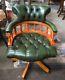 Yew Framed Green Leather Deep Button Captains Chair Office Chair Study