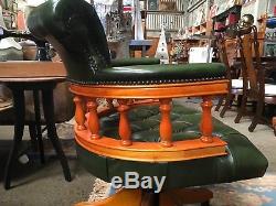Yew Framed Green Leather Deep Button Captains Chair Office Chair Study