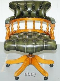 Yew Wood Chesterfield Directors Green Leather Executive Captains Office Chair