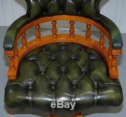 Yew Wood Chesterfield Directors Green Leather Executive Captains Office Chair